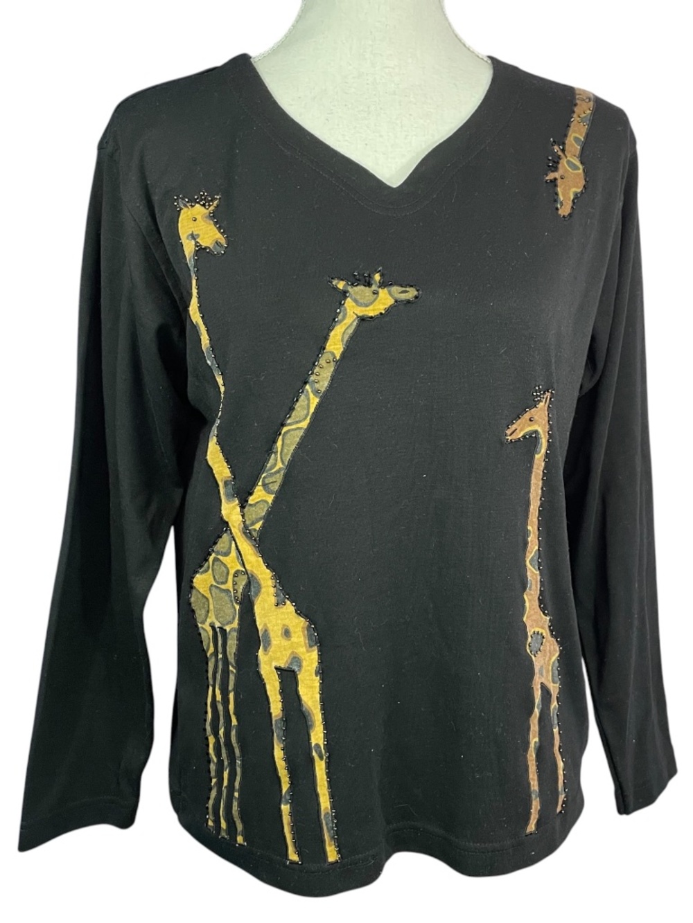 Giraffe Beaded Shirt M Long Sleeve Africa Safari Tee Top Animal Print Novelty